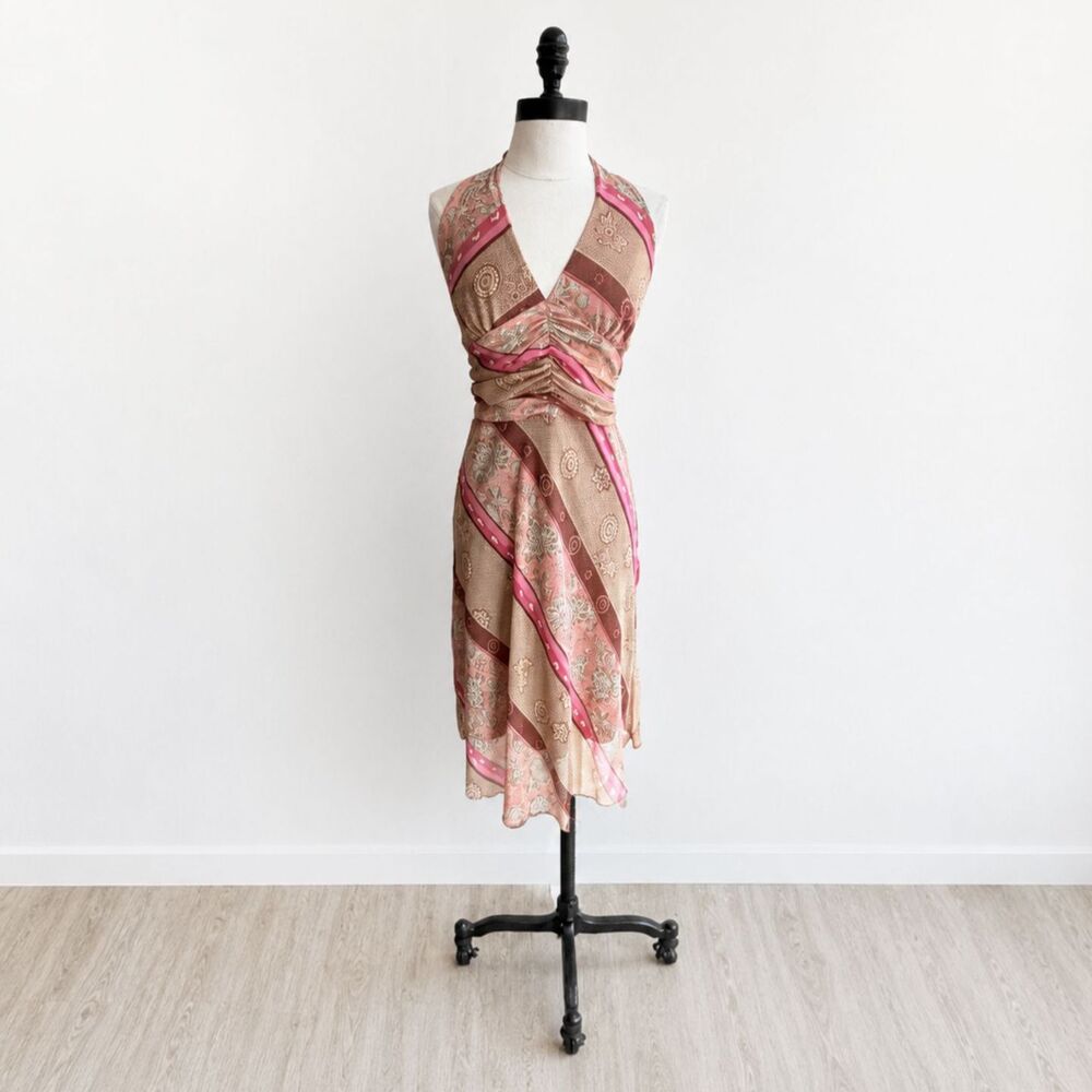 Alyn Paige Y2K Paisley Halter Midi Dress Size Small Pink Brown Boho 27" Waist
